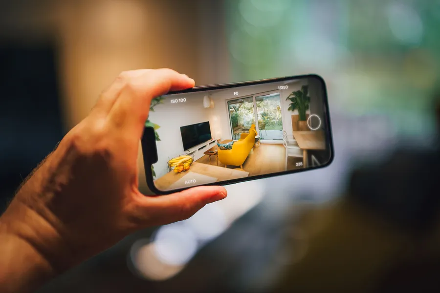 A hand holding a phone showing a photograph of a furnished living room.